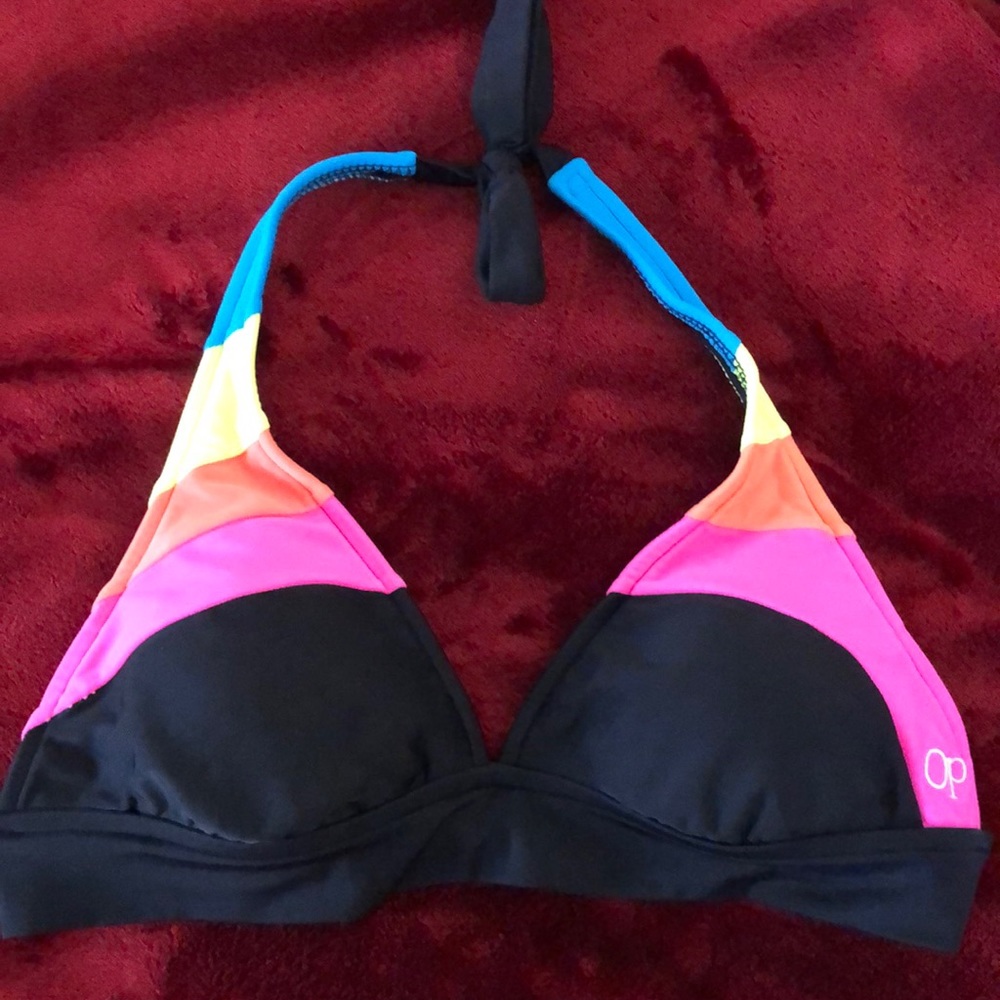 Black and Neon rainbow halter tie bikini top